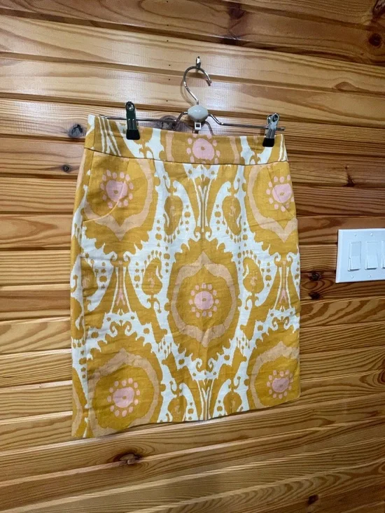 J. Crew Yellow and Cream Floral Ikat Pencil Skirt with Pink Accents - Picture 1 of 3